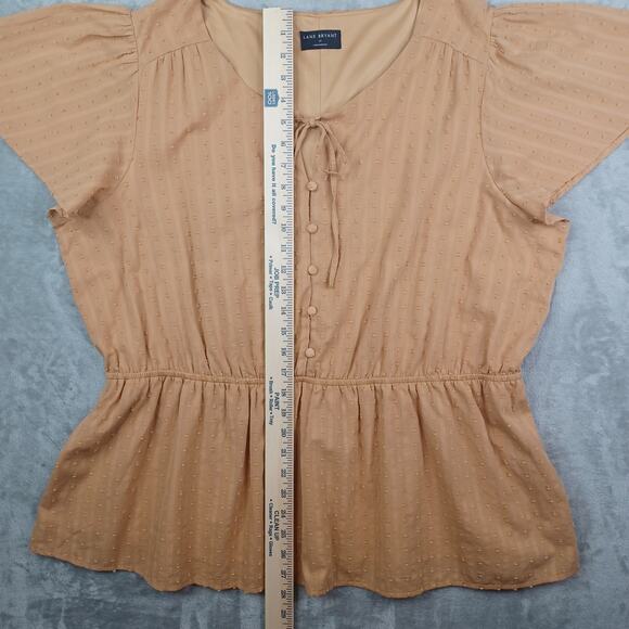 Lane Bryant Women Boho Tie Neck Top Plus Sz 20 Mustard Clip Dot Peplum Coquette - Picture 11 of 11